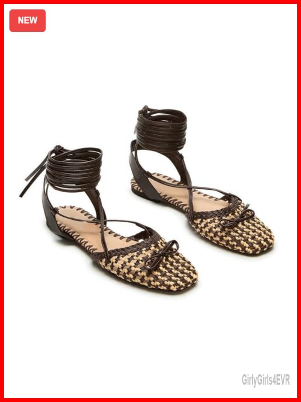 Woven Ballet Flats Women Lace Up Square Toe Summer Sandals Dressy Shoes